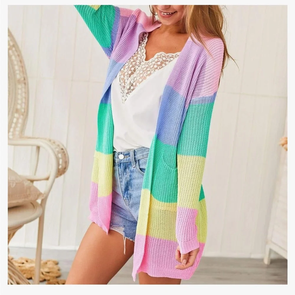 ECOWISH Rainbow 🌈 Block Striped Draped Open Front Cardigan L NWT - Picture 2 of 16